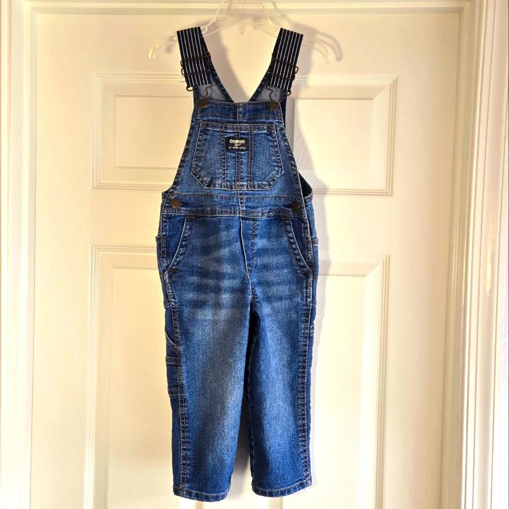 Oshkosh B'Gosh Overalls Denim Blue And White Striped Straps 2T Boys Girls Unisex